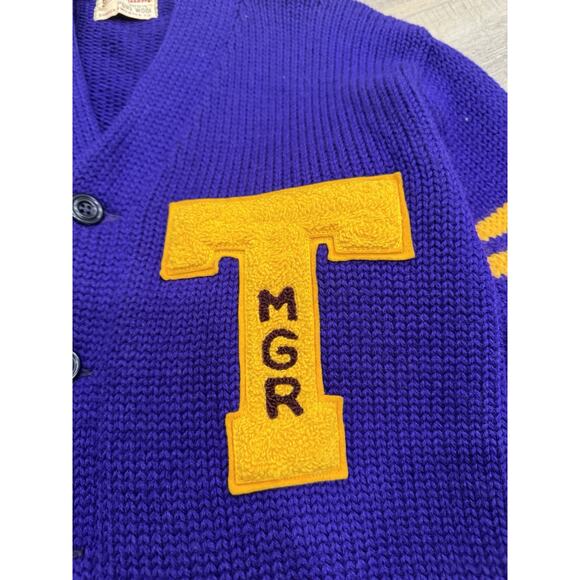 VTG 50s STADIUM SHAKER SWEATER Purple Wool Varsity Cardigan Sweater Men’s L - Picture 2 of 9